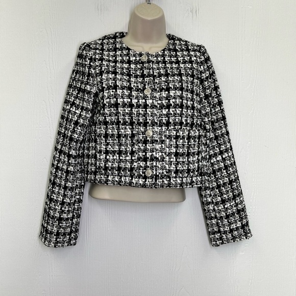 H&M - NWT Boucle Black And White Plaid Silver Button Lined Jacket Size XS - Picture 3 of 14